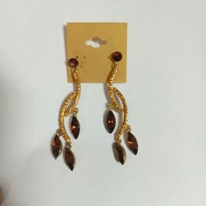 Diamond Cut Amber Pierce Earrings in Gold Settings Hanging 2" long